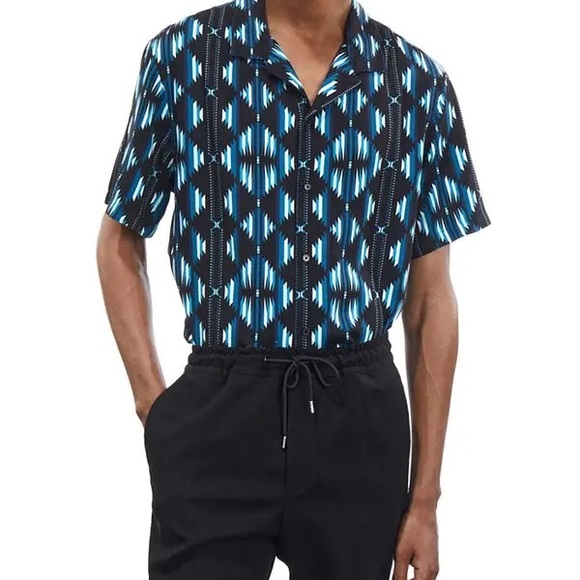 The Kooples Paris Southwestern Camp Shirt Black & Ice Blue Pattern Rock Chic S - Picture 2 of 3